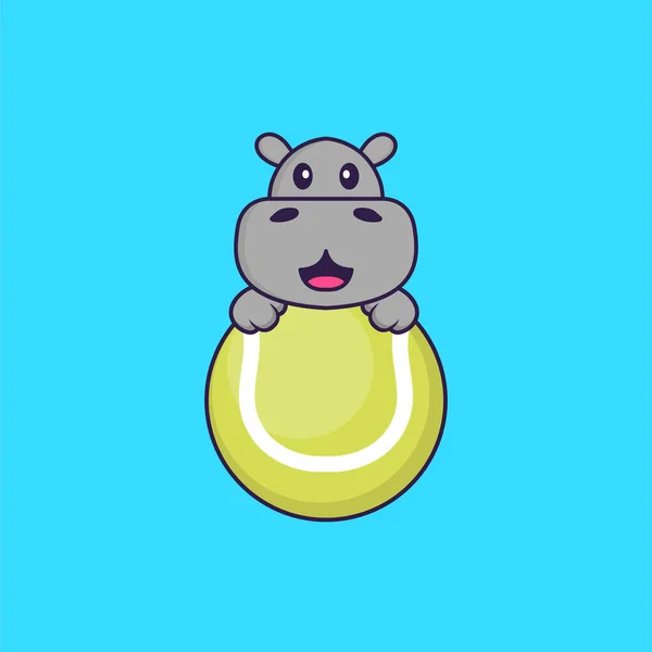 Cute Hippopotamus Playing Tennis Animal Cartoon Concept Isolated Can Used — Stock Vector