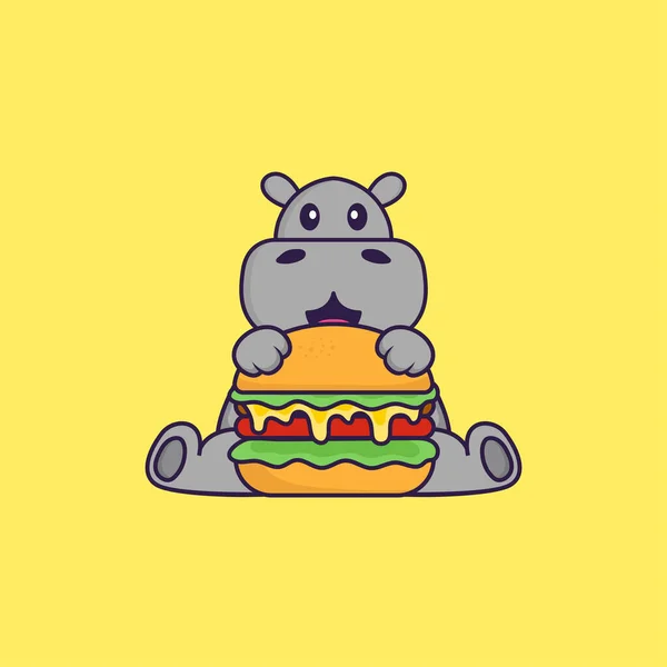 Cute Hippopotamus Eating Burger Animal Cartoon Concept Isolated Can Used — Stock Vector