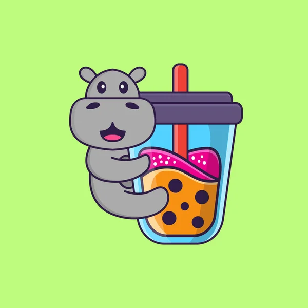 Lindo Hipopótamo Bebiendo Leche Boba Animal Concepto Dibujos Animados Aislado — Archivo Imágenes Vectoriales