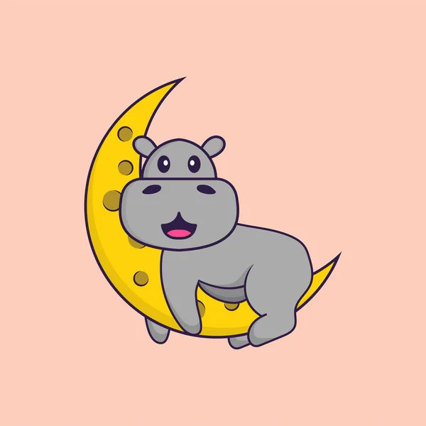Cute Hippopotamus Moon Animal Cartoon Concept Isolated Can Used Shirt — Stock Vector