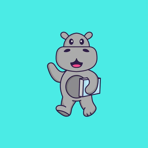 Joli Hippopotame Tenant Livre Concept Dessin Animé Animal Isolé Peut — Image vectorielle