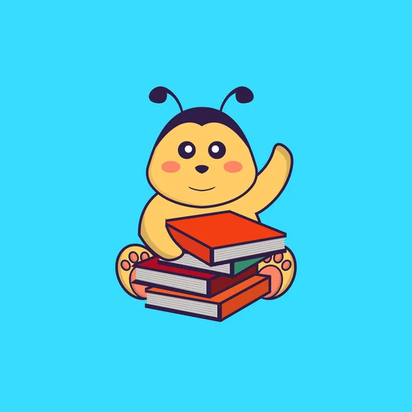 Jolie Abeille Lisant Livre Concept Dessin Animé Animal Isolé Peut — Image vectorielle