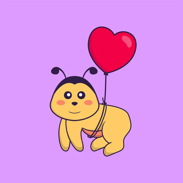 可爱的蜜蜂带着爱情形状的气球飞翔 动物漫画的概念是孤立的 可用于T恤衫 请柬或吉祥物 — 图库矢量图片