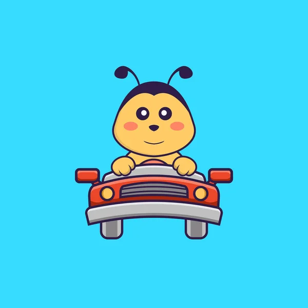 可愛い蜂が運転してる 動物の漫画の概念は孤立した Tシャツ グリーティングカード 招待カード マスコットに使用できます — ストックベクタ