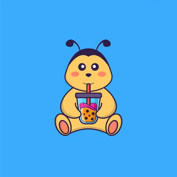 Χαριτωμένη Μέλισσα Πίνοντας Τσάι Γάλα Boba Έννοια Κινουμένων Σχεδίων Ζώων — Διανυσματικό Αρχείο