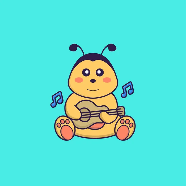 Cute Bee Playing Guitar Animal Cartoon Concept Isolated Can Used — Stock Vector