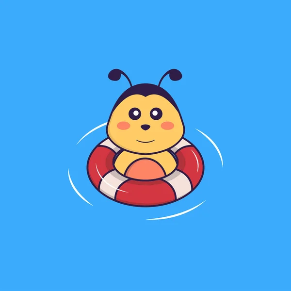 Cute Bee Swimming Buoy Animal Desenho Animado Conceito Isolado Pode — Vetor de Stock