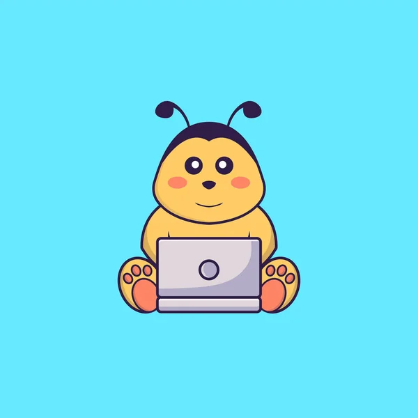 Abelha Bonito Usando Laptop Animal Desenho Animado Conceito Isolado Pode —  Vetores de Stock