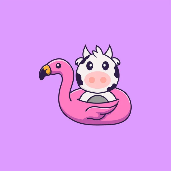Sapi Lucu Dengan Pelampung Flamingo Konsep Kartun Hewan Terisolasi Dapat - Stok Vektor