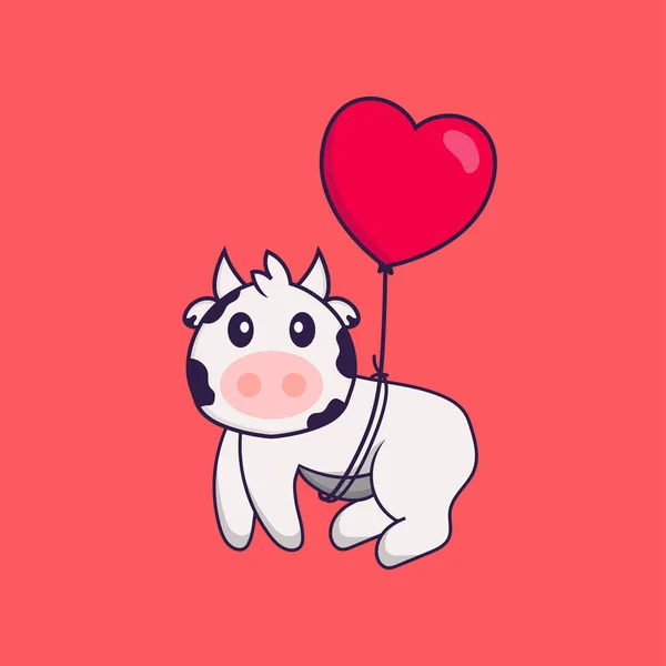 Mignonne Vache Volant Avec Des Ballons Forme Amour Concept Dessin — Image vectorielle