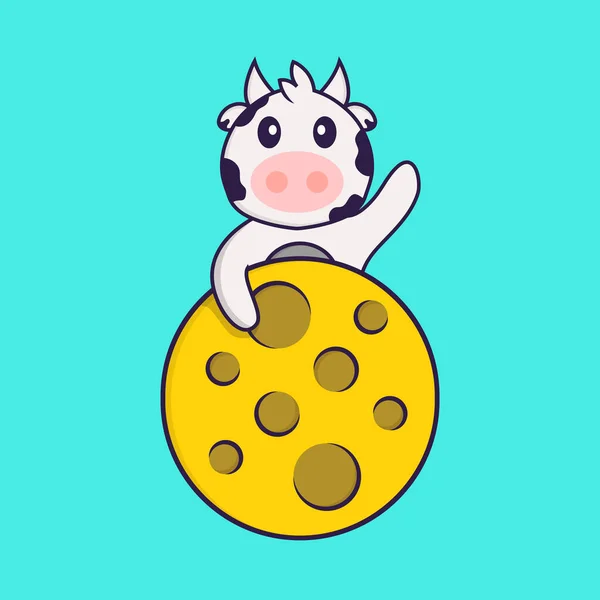 Vache Mignonne Est Sur Lune Concept Dessin Animé Animal Isolé — Image vectorielle