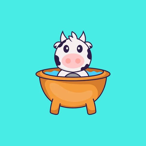 Cute Cow Taking Bath Bathtub Animal Cartoon Concept Isolated Can — Stock Vector