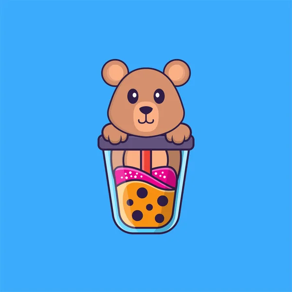 Mignon Rat Boire Thé Lait Boba Concept Dessin Animé Animal — Image vectorielle