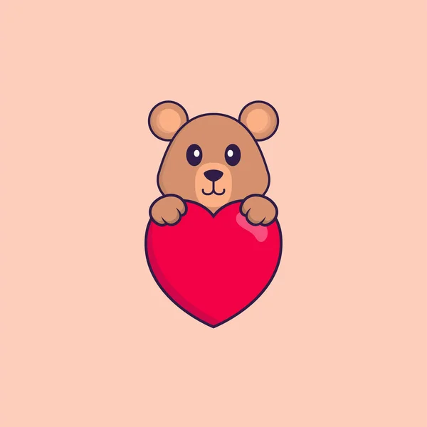 可爱的老鼠抱着一颗大大的红心 动物漫画的概念是孤立的 可用于T恤衫 请柬或吉祥物 — 图库矢量图片