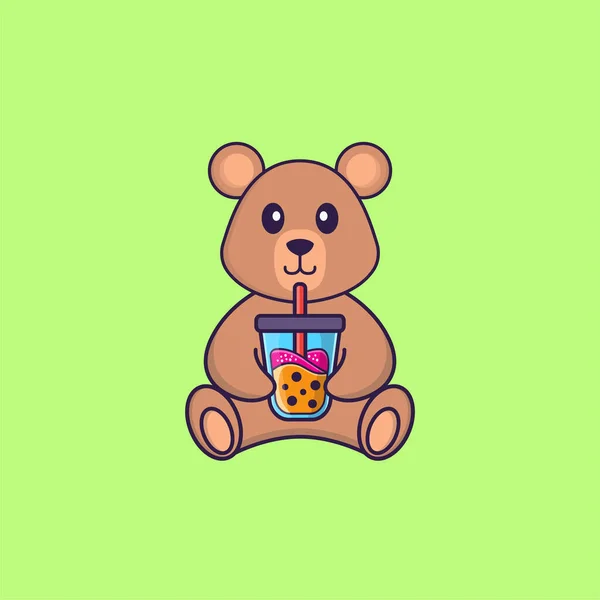 Cute Rat Drinking Boba Milk Tea Animal Cartoon Concept Isolated — Stock Vector