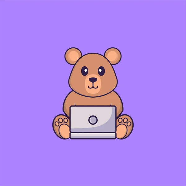 可爱的老鼠用笔记本电脑 动物漫画的概念是孤立的 可用于T恤衫 请柬或吉祥物 — 图库矢量图片