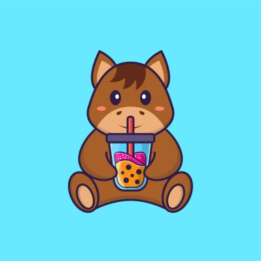 Şirin at Boba sütlü çay içiyor. Hayvan çizgi film kavramı izole edildi. Tişört, tebrik kartı, davetiye kartı ya da maskot olarak kullanılabilir..