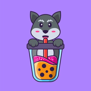 Şirin tilki Boba sütlü çay içiyor. Hayvan çizgi film kavramı izole edildi. Tişört, tebrik kartı, davetiye kartı ya da maskot olarak kullanılabilir..