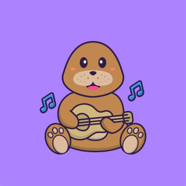 Gitar çalan sevimli bir köpek. Hayvan çizgi film kavramı izole edildi. Tişört, tebrik kartı, davetiye kartı ya da maskot olarak kullanılabilir..