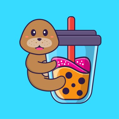 Şirin köpek Boba sütlü çay içiyor. Hayvan çizgi film kavramı izole edildi. Tişört, tebrik kartı, davetiye kartı ya da maskot olarak kullanılabilir..
