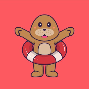 Şamandıra kullanan sevimli bir köpek. Hayvan çizgi film kavramı izole edildi. Tişört, tebrik kartı, davetiye kartı ya da maskot olarak kullanılabilir..