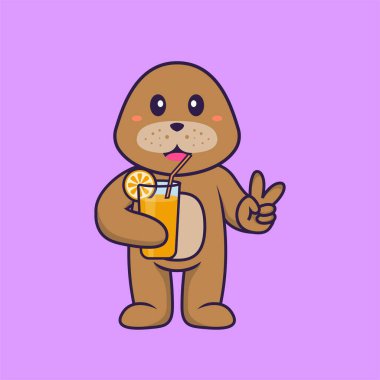 Bardakta portakal suyu tutan sevimli bir köpek. Hayvan çizgi film kavramı izole edildi. Tişört, tebrik kartı, davetiye kartı ya da maskot olarak kullanılabilir..