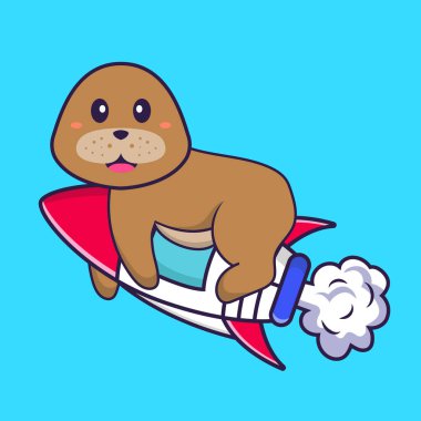Roketin üstünde uçan sevimli bir köpek. Hayvan çizgi film kavramı izole edildi. Tişört, tebrik kartı, davetiye kartı ya da maskot olarak kullanılabilir..