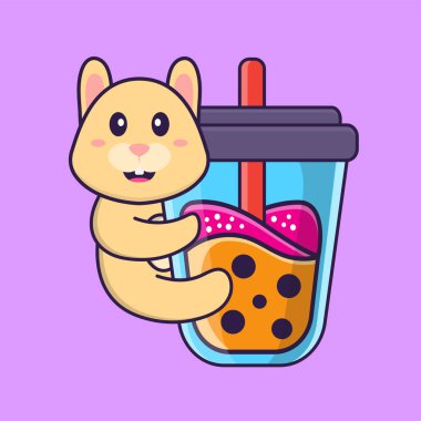 Şirin tavşan Boba sütlü çay içiyor. Hayvan çizgi film kavramı izole edildi. Tişört, tebrik kartı, davetiye kartı ya da maskot olarak kullanılabilir..