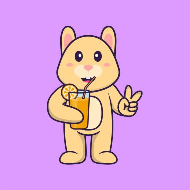 Cam içinde portakal suyu tutan sevimli tavşan. Hayvan çizgi film kavramı izole edildi. Tişört, tebrik kartı, davetiye kartı ya da maskot olarak kullanılabilir..