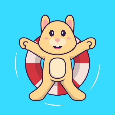 Şirin tavşan şamandırayla yüzüyor. Hayvan çizgi film kavramı izole edildi. Tişört, tebrik kartı, davetiye kartı ya da maskot olarak kullanılabilir..