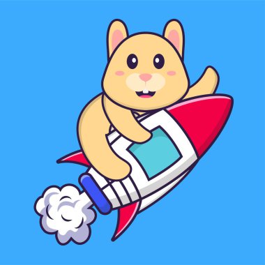 Roketin üstünde uçan sevimli tavşan. Hayvan çizgi film kavramı izole edildi. Tişört, tebrik kartı, davetiye kartı ya da maskot olarak kullanılabilir..