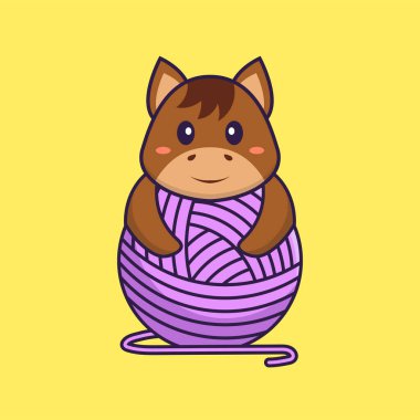 Yün ipliğiyle oynayan şirin bir at. Hayvan çizgi film kavramı izole edildi. Tişört, tebrik kartı, davetiye kartı ya da maskot olarak kullanılabilir..