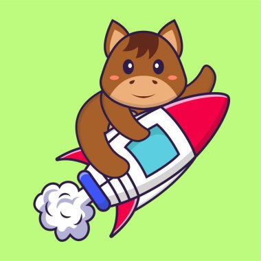 Roketin üstünde uçan şirin bir at. Hayvan çizgi film kavramı izole edildi. Tişört, tebrik kartı, davetiye kartı ya da maskot olarak kullanılabilir..