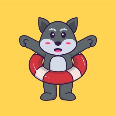 Şamandıra kullanan şirin tilki. Hayvan çizgi film kavramı izole edildi. Tişört, tebrik kartı, davetiye kartı ya da maskot olarak kullanılabilir..