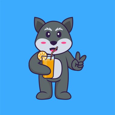 Cam içinde portakal suyu tutan şirin tilki. Hayvan çizgi film kavramı izole edildi. Tişört, tebrik kartı, davetiye kartı ya da maskot olarak kullanılabilir..