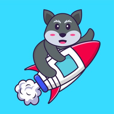 Roketin üstünde uçan şirin tilki. Hayvan çizgi film kavramı izole edildi. Tişört, tebrik kartı, davetiye kartı ya da maskot olarak kullanılabilir..