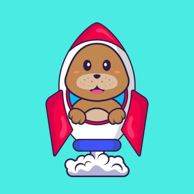Roketin üstünde uçan sevimli bir köpek. Hayvan çizgi film kavramı izole edildi. Tişört, tebrik kartı, davetiye kartı ya da maskot olarak kullanılabilir..