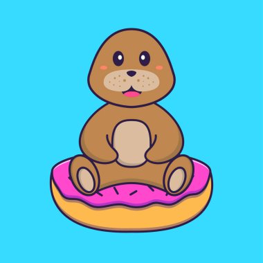 Tatlı köpek çöreklerin üzerinde oturuyor. Hayvan çizgi film kavramı izole edildi. Tişört, tebrik kartı, davetiye kartı ya da maskot olarak kullanılabilir..