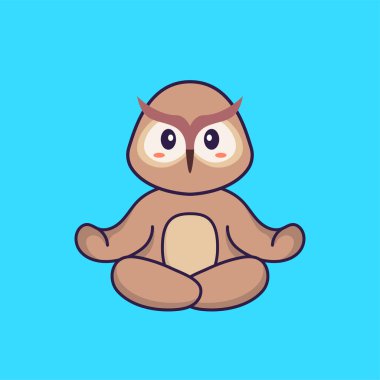 Şirin baykuş meditasyon yapıyor ya da yoga yapıyor. Hayvan çizgi film kavramı izole edildi. Tişört, tebrik kartı, davetiye kartı ya da maskot olarak kullanılabilir..