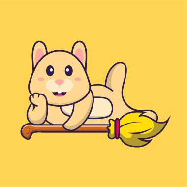 Cute rabbit lying on Magic Broom. Animal cartoon concept isolated. Can used for t-shirt, greeting card, invitation card or mascot.