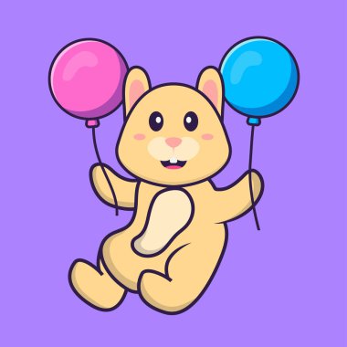 Cute rabbit flying with two balloons. Animal cartoon concept isolated. Can used for t-shirt, greeting card, invitation card or mascot.