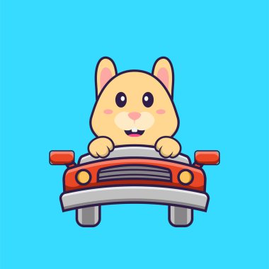 Şirin tavşan sürüyor. Hayvan çizgi film kavramı izole edildi. Tişört, tebrik kartı, davetiye kartı ya da maskot olarak kullanılabilir..