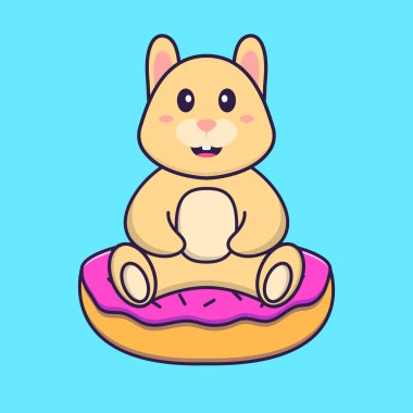 Tatlı tavşan çöreklerin üzerinde oturuyor. Hayvan çizgi film kavramı izole edildi. Tişört, tebrik kartı, davetiye kartı ya da maskot olarak kullanılabilir..