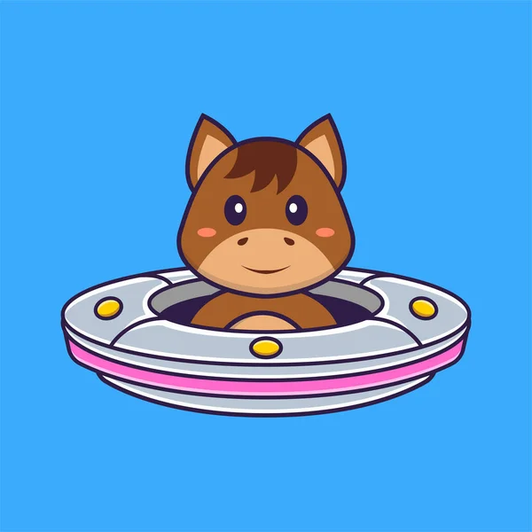 Lindo Caballo Conducción Nave Espacial Ufo Animal Concepto Dibujos Animados — Vector de stock