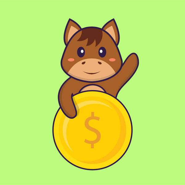 Cute horse holding coin. Animal cartoon concept isolated. Can used for t-shirt, greeting card, invitation card or mascot.