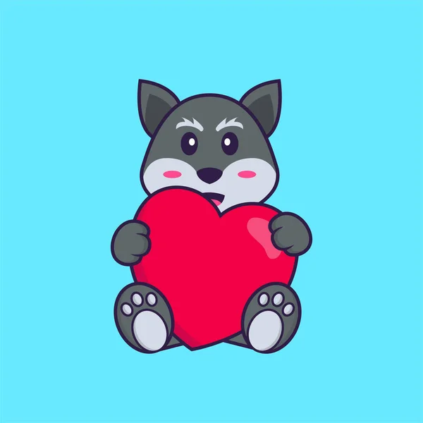 Χαριτωμένη Αλεπού Που Κρατάει Μια Μεγάλη Κόκκινη Καρδιά Έννοια Κινουμένων — Διανυσματικό Αρχείο