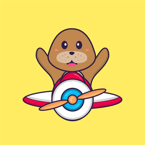 可爱的狗在飞机上飞行 动物漫画的概念是孤立的 可用于T恤衫 请柬或吉祥物 — 图库矢量图片