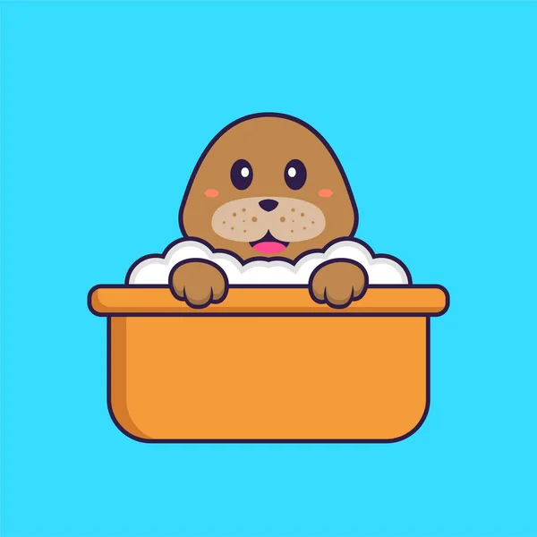 Cão Bonito Tomando Banho Banheira Animal Desenho Animado Conceito Isolado — Vetor de Stock