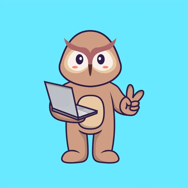Niedliche Eule Hält Laptop Animal Cartoon Konzept Isoliert Kann Für — Stockvektor
