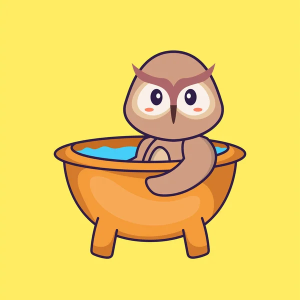 Coruja Gira Tomando Banho Banheira Animal Desenho Animado Conceito Isolado — Vetor de Stock